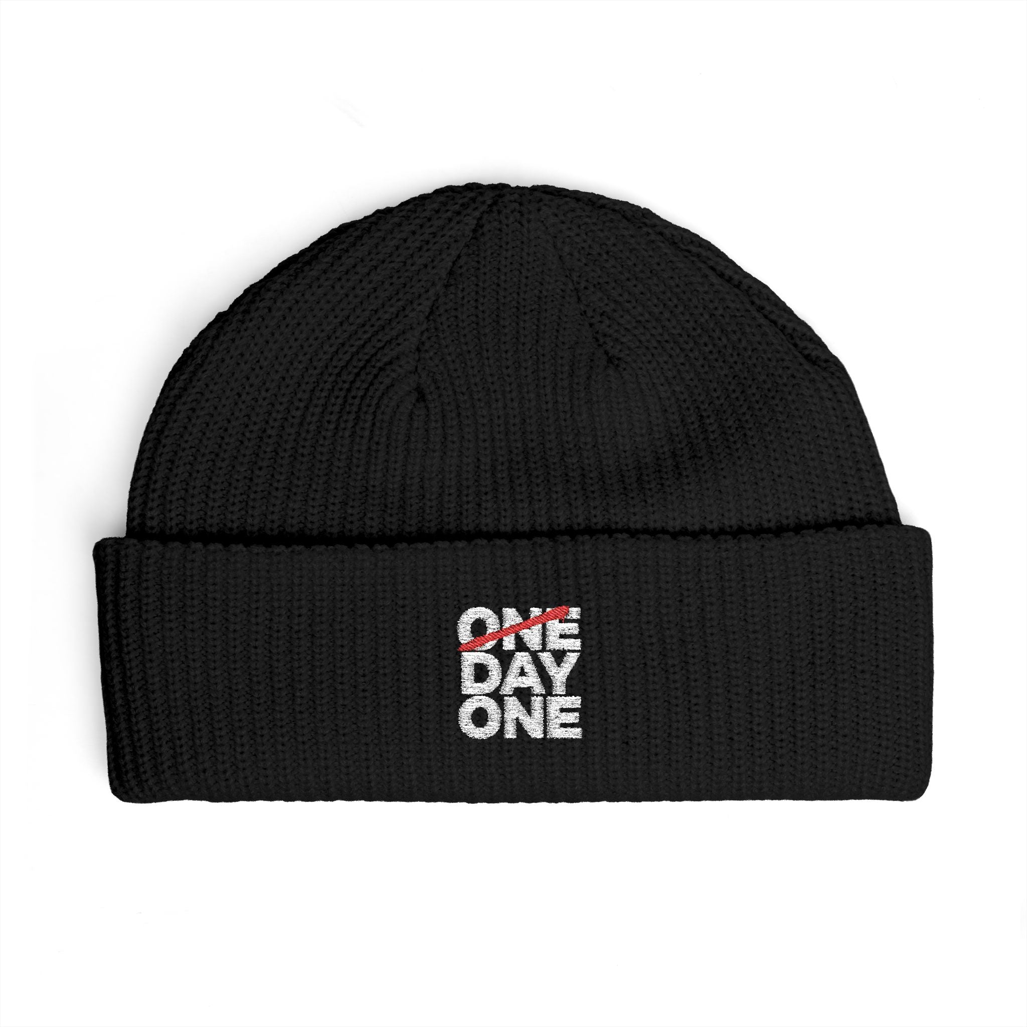 "Day One" Cuff Beanie - Embroidered Knit Hat