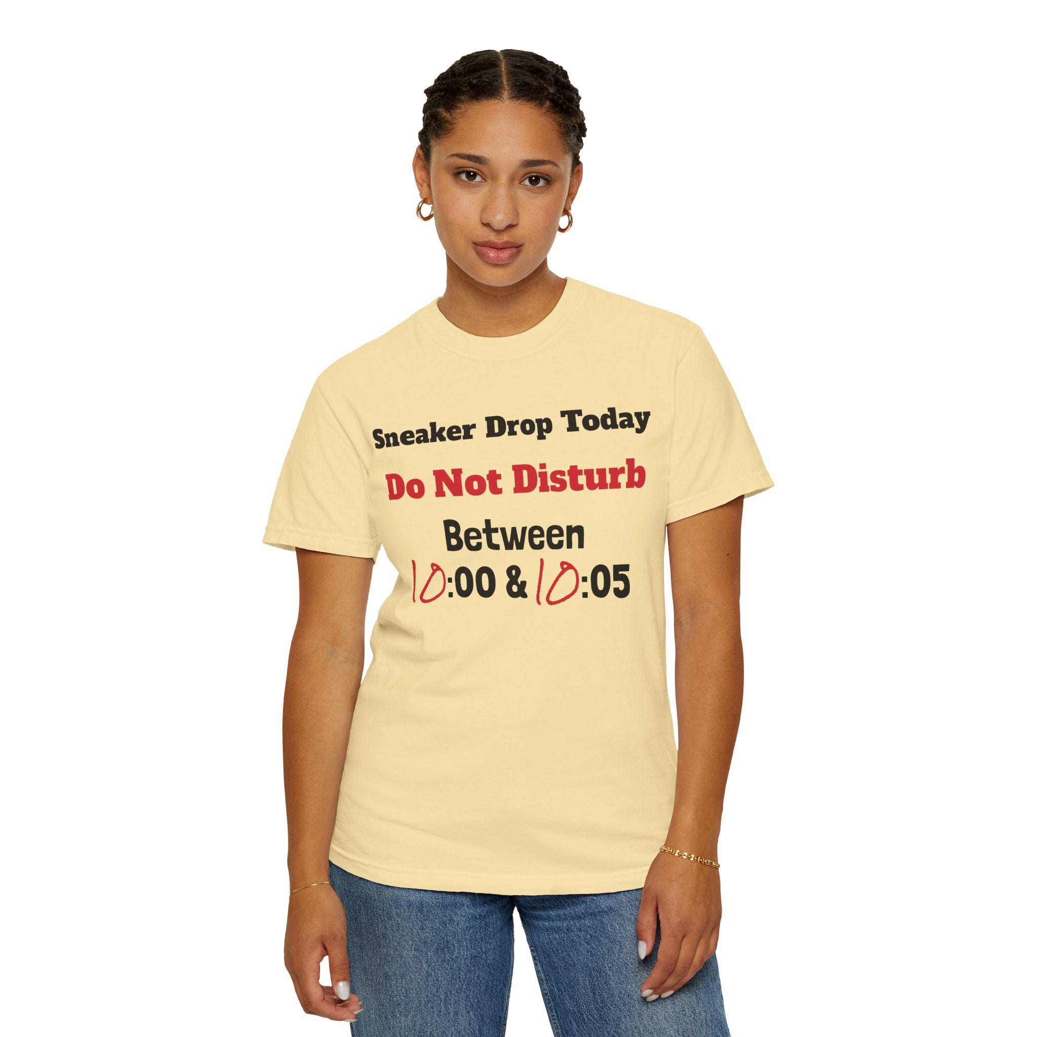 "Designed by You" Sneaker Drop Day T-Shirt — "Do Not Disturb between __:00–__ :05" (Custom Time Zone)
