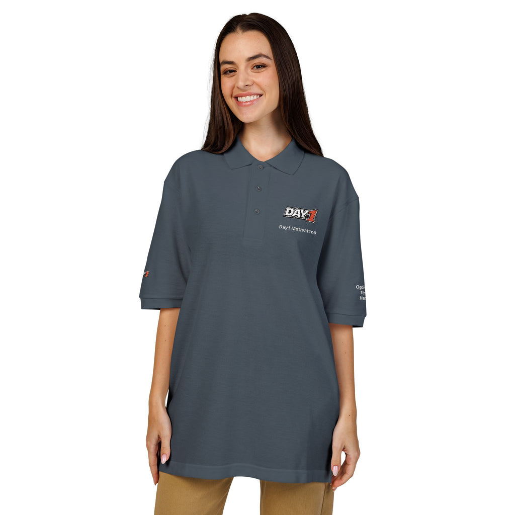 "Designed by You" — Embroidered Polo Shirt (Light text)