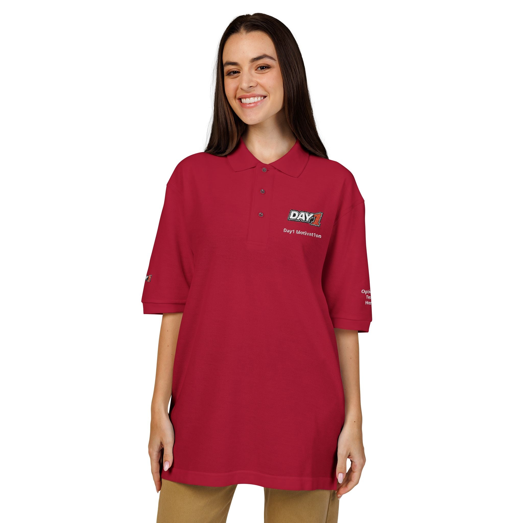 "Designed by You" — Embroidered Polo Shirt (Light text)