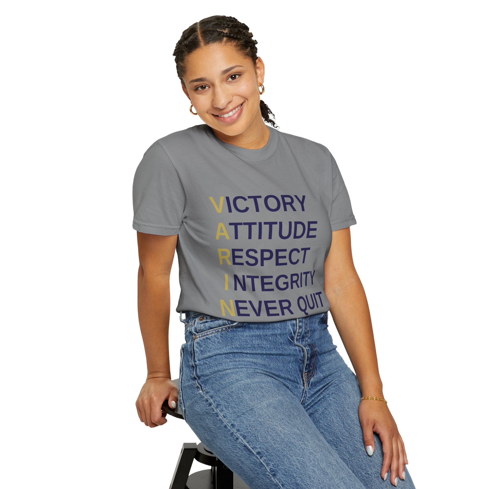 Varsity ‘VARINA’ Blue Devils T-Shirt — Victory, Attitude, Respect, Integrity, Never Quit, Ambition