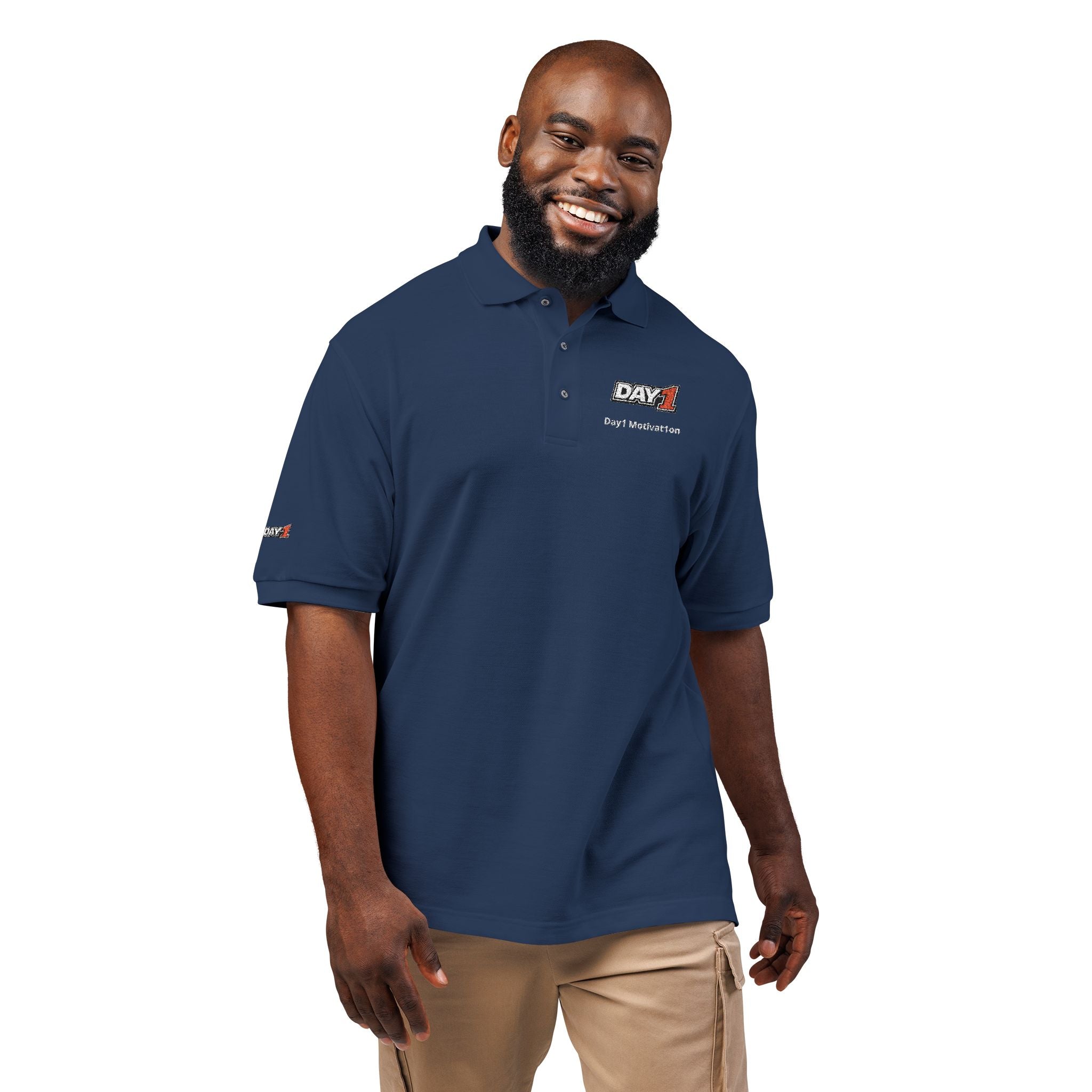 "Designed by You" — Embroidered Polo Shirt (Light text)
