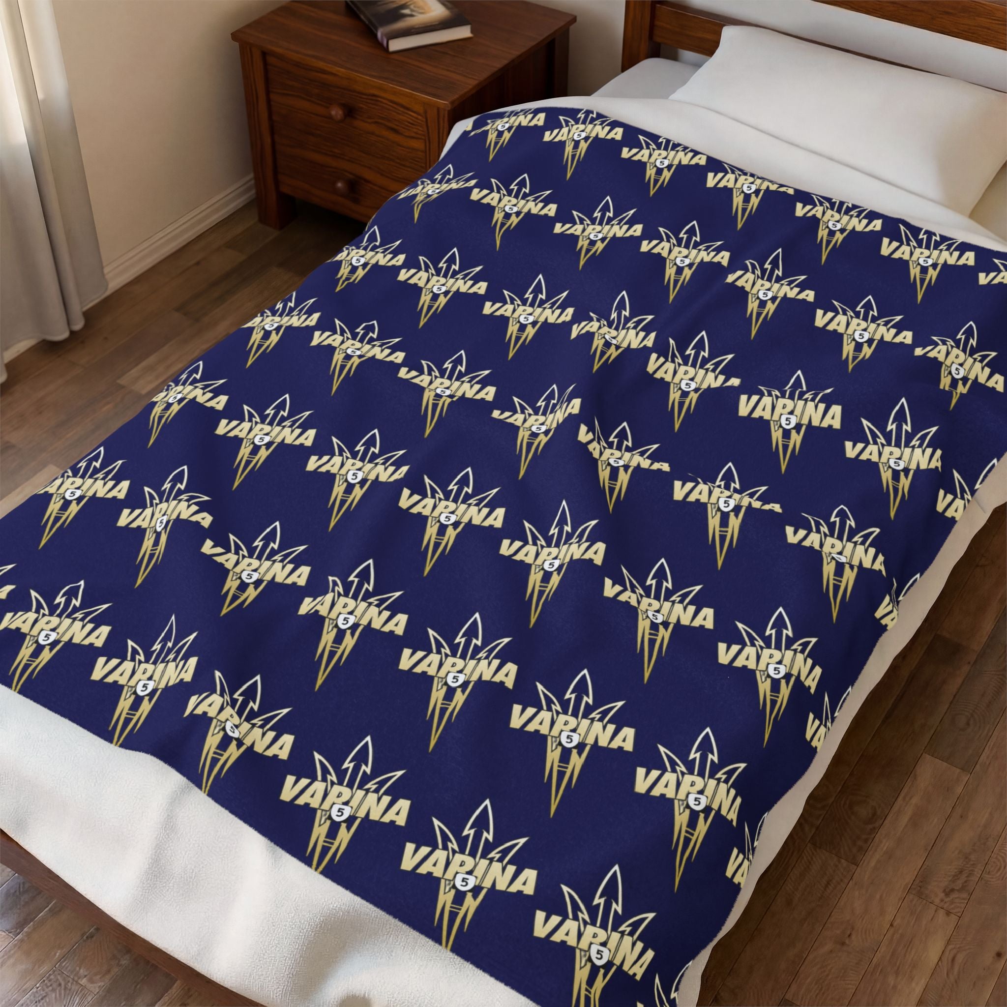 Varina Route 5 Logo Velveteen Plush Blanket – Soft Navy Throw