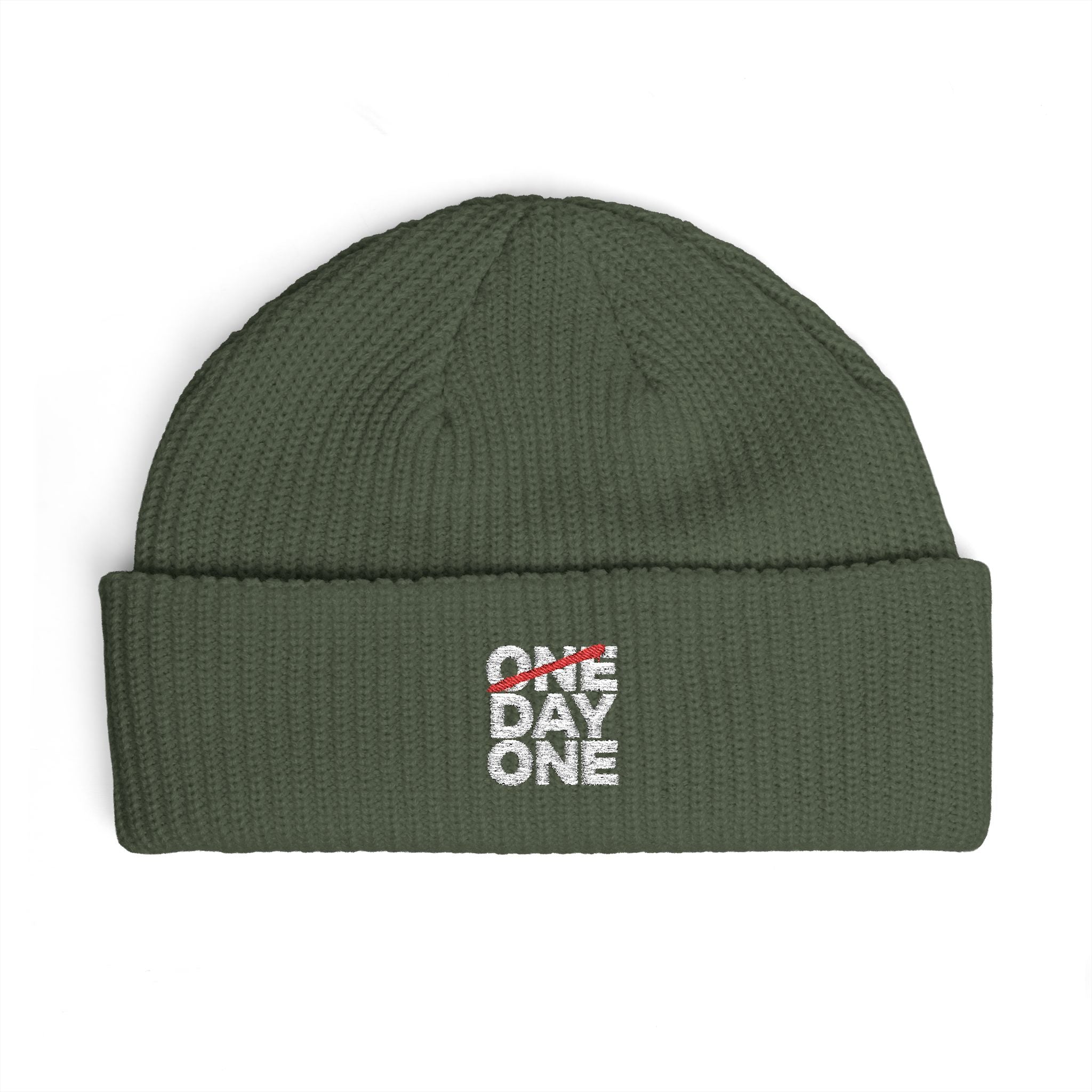 "Day One" Cuff Beanie - Embroidered Knit Hat