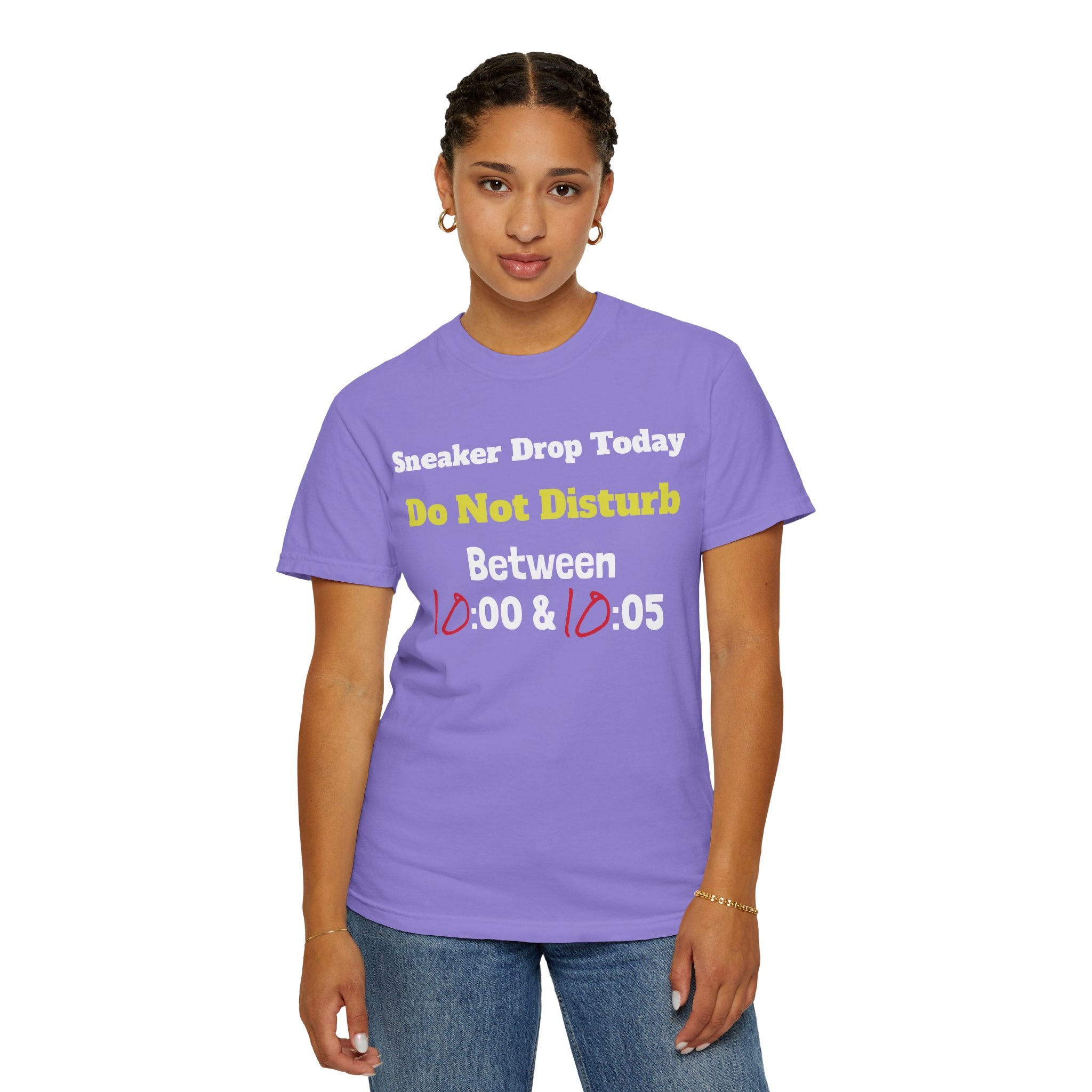 "Designed by You" Sneaker Drop Day T-Shirt — "Do Not Disturb between __:00–__ :05" (Custom Time Zone)