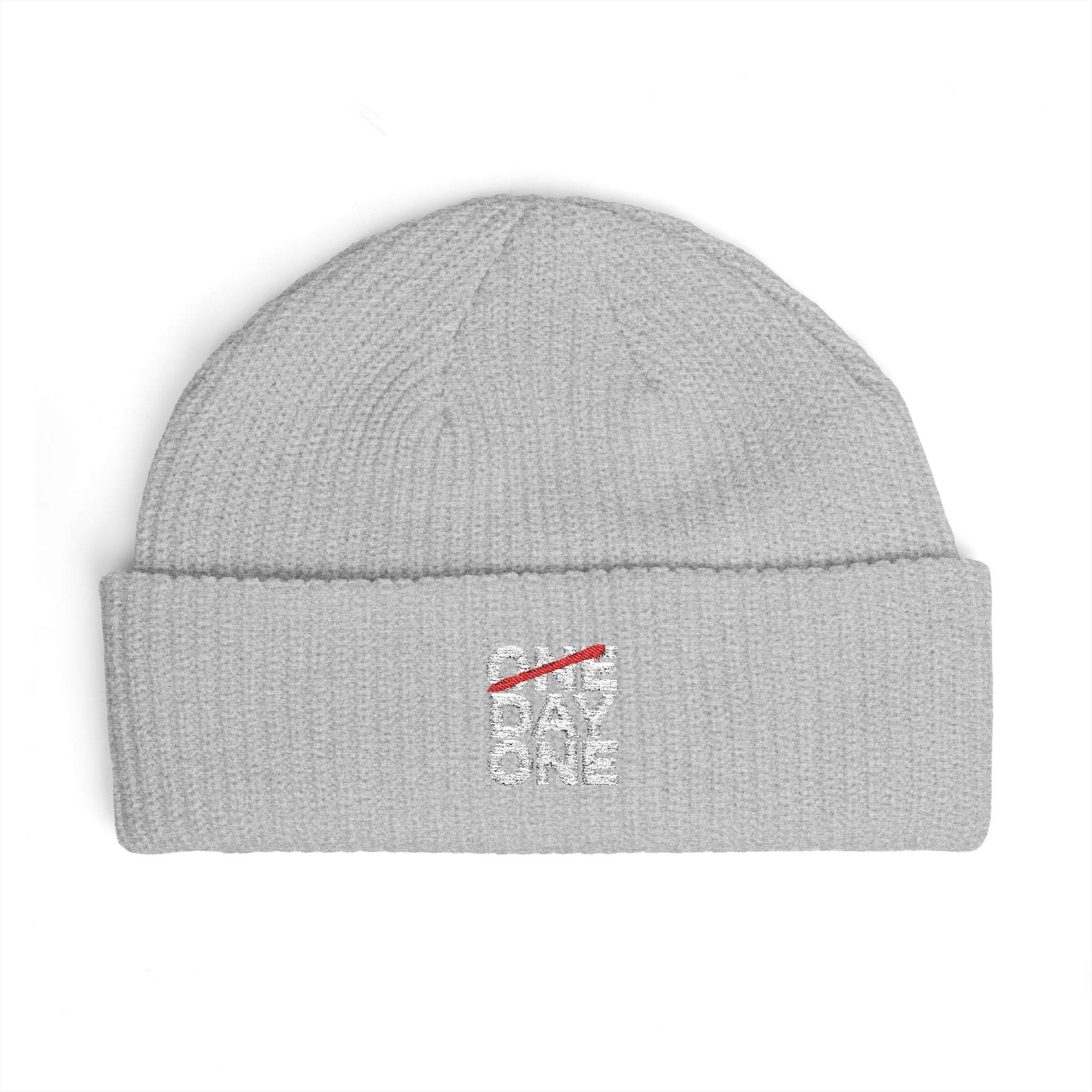 "Day One" Cuff Beanie - Embroidered Knit Hat