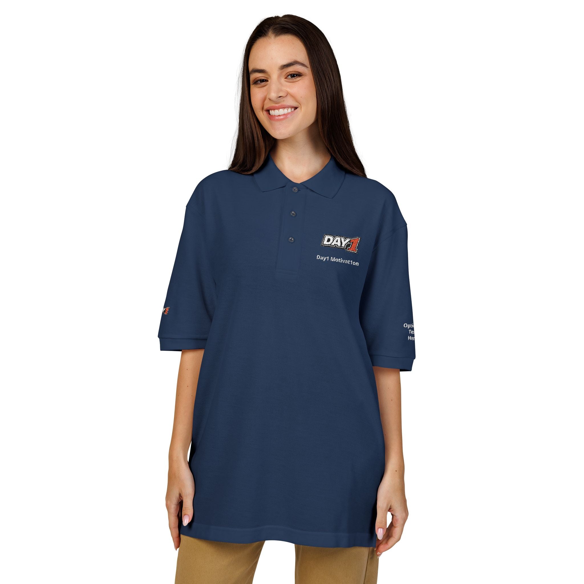 "Designed by You" — Embroidered Polo Shirt (Light text)