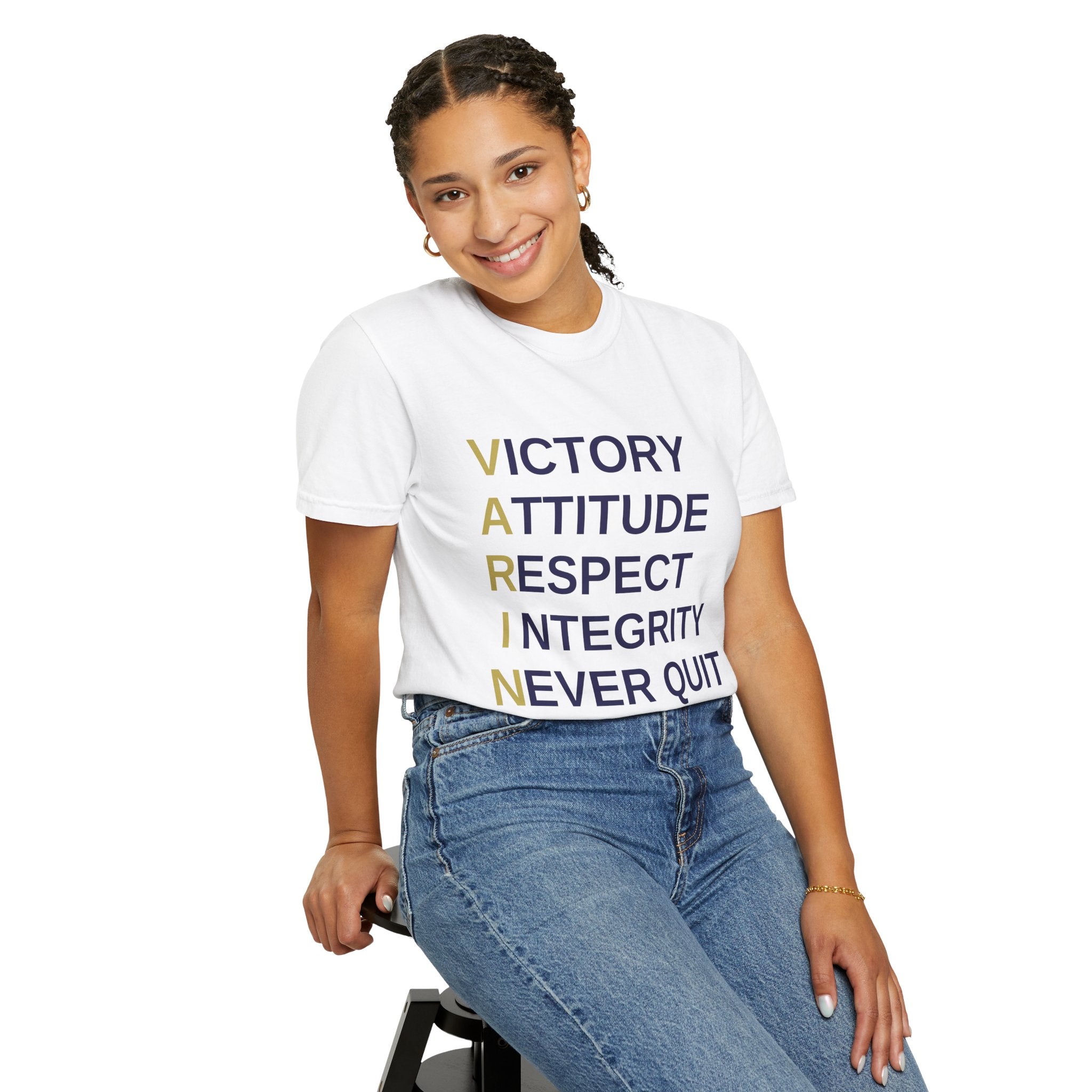Varsity ‘VARINA’ Blue Devils T-Shirt — Victory, Attitude, Respect, Integrity, Never Quit, Ambition