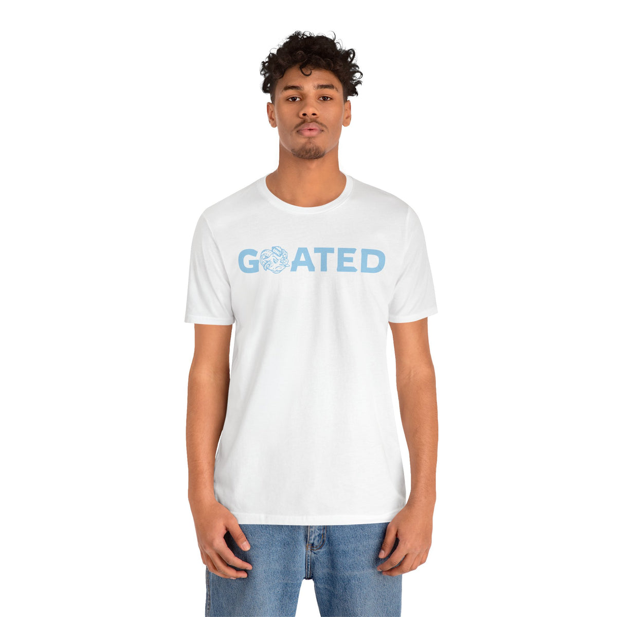 GOATED Graphic Tee — "GOATED" Light Blue Text T‑Shirt