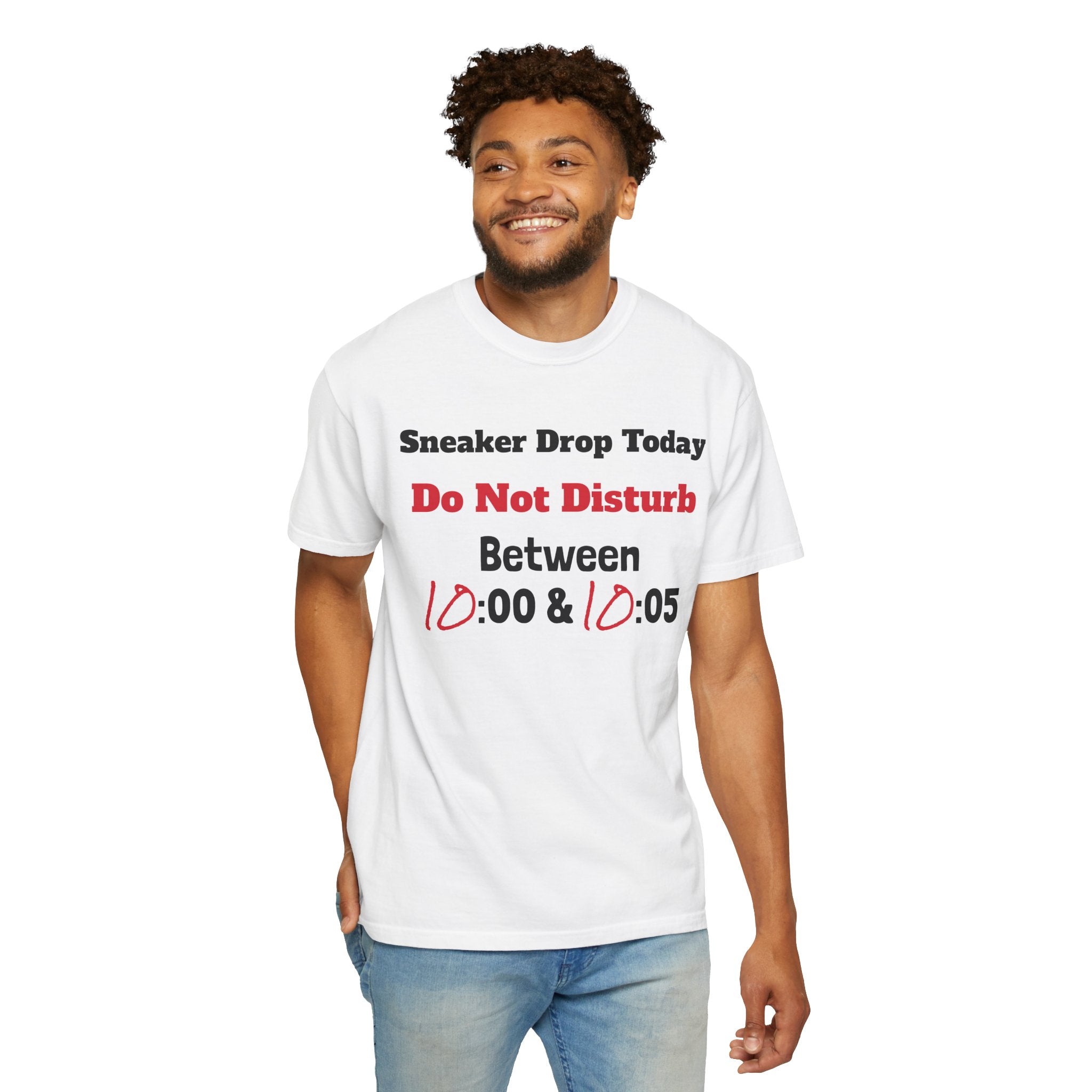 "Designed by You" Sneaker Drop Day T-Shirt — "Do Not Disturb between __:00–__ :05" (Custom Time Zone)