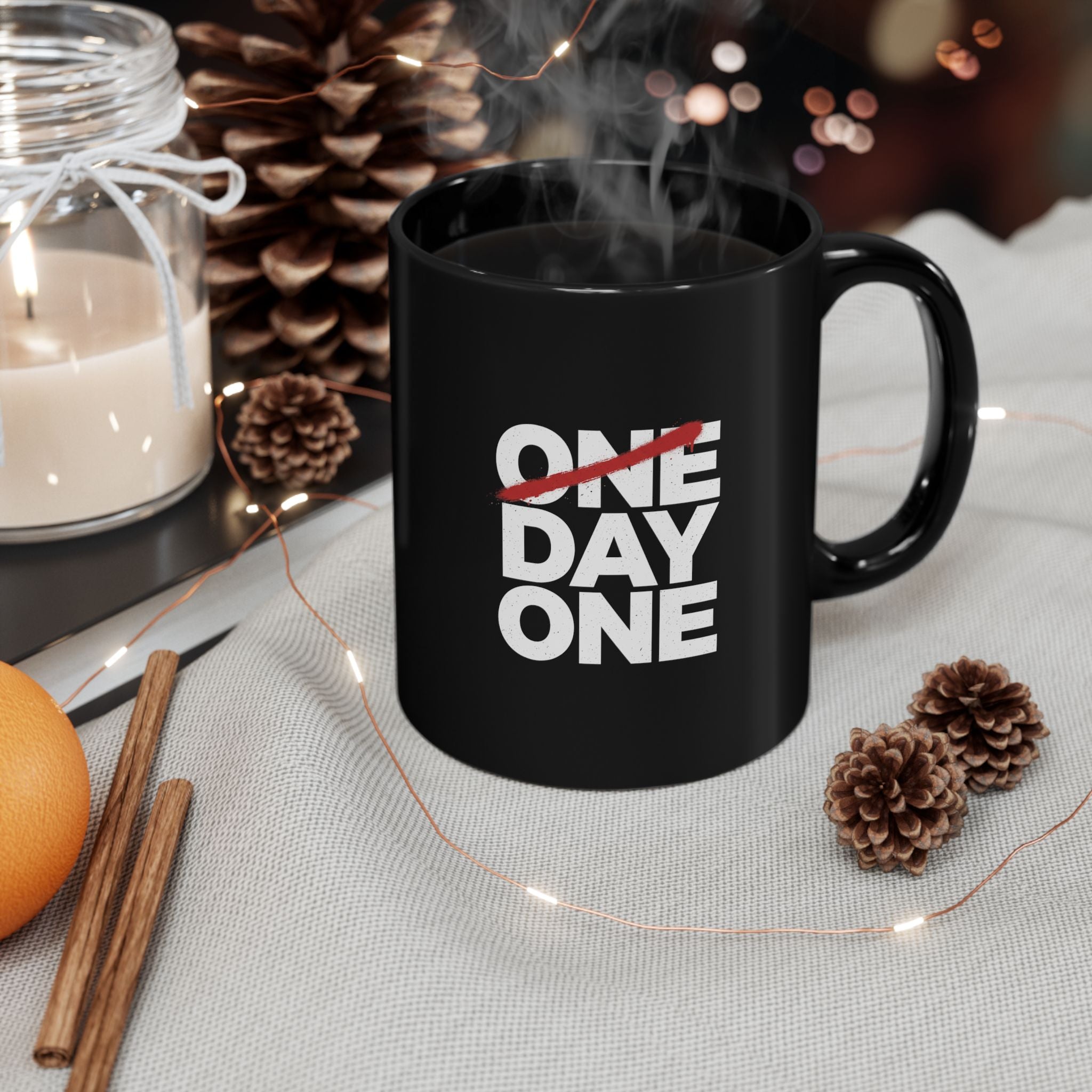 “Day One” Black Mug (11oz, 15oz) - white text