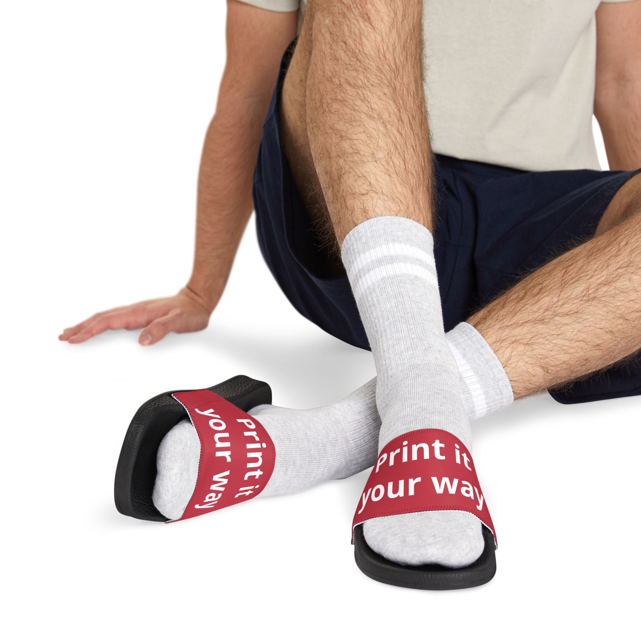 Men's Custom Removable-Strap Slide Sandals(Text) — "Designed by You"  Red or Navy