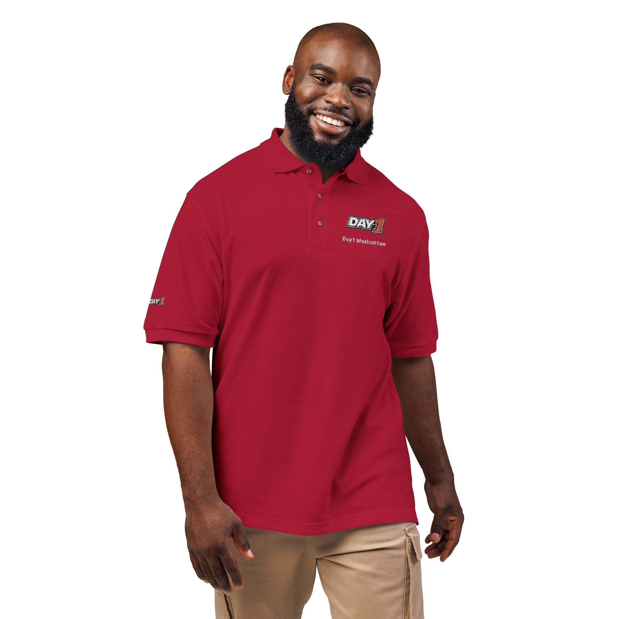 "Designed by You" — Embroidered Polo Shirt (Light text)