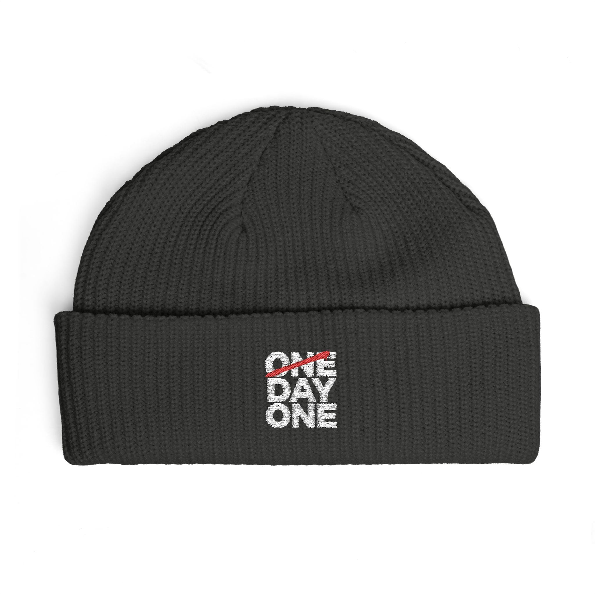 "Day One" Cuff Beanie - Embroidered Knit Hat