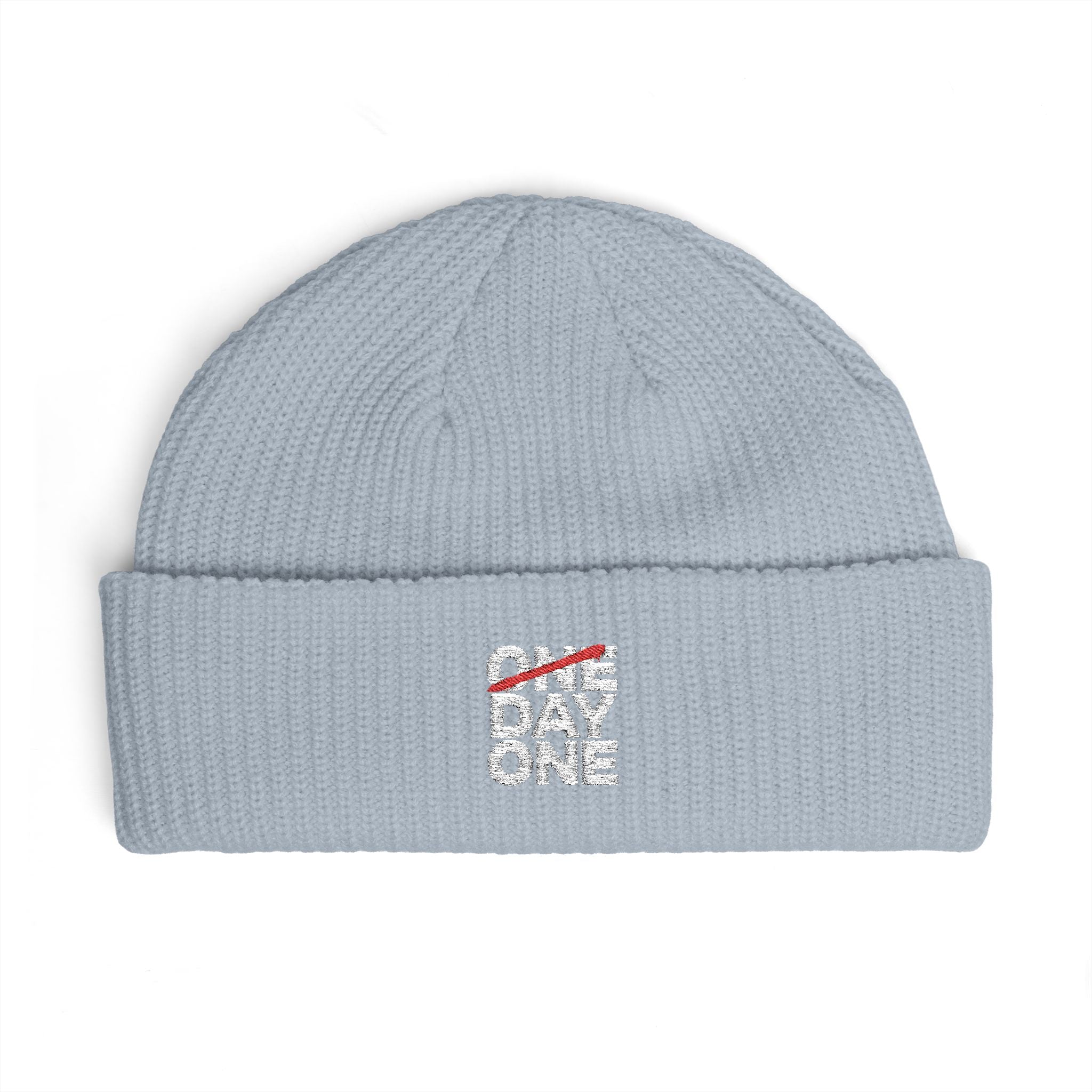 "Day One" Cuff Beanie - Embroidered Knit Hat
