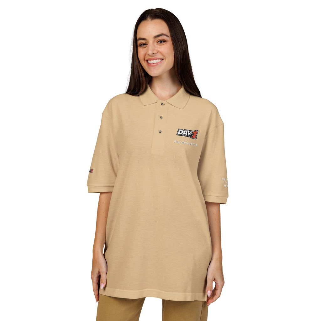"Designed by You" — Embroidered Polo Shirt (Light text)