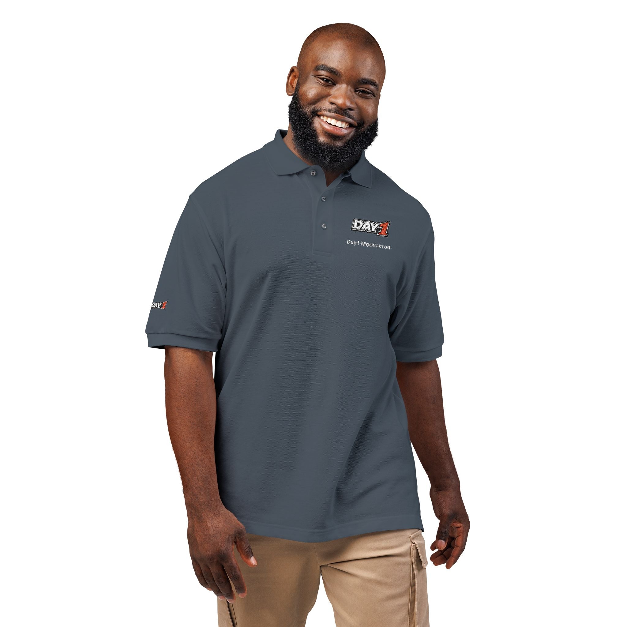 "Designed by You" — Embroidered Polo Shirt (Light text)