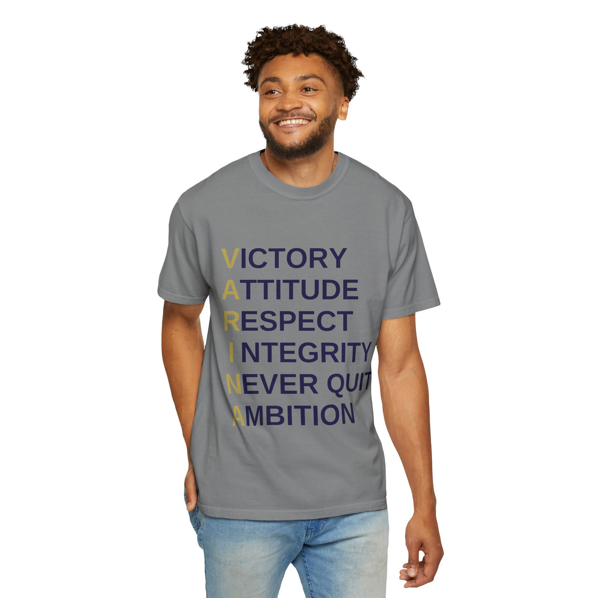 Varsity ‘VARINA’ Blue Devils T-Shirt — Victory, Attitude, Respect, Integrity, Never Quit, Ambition