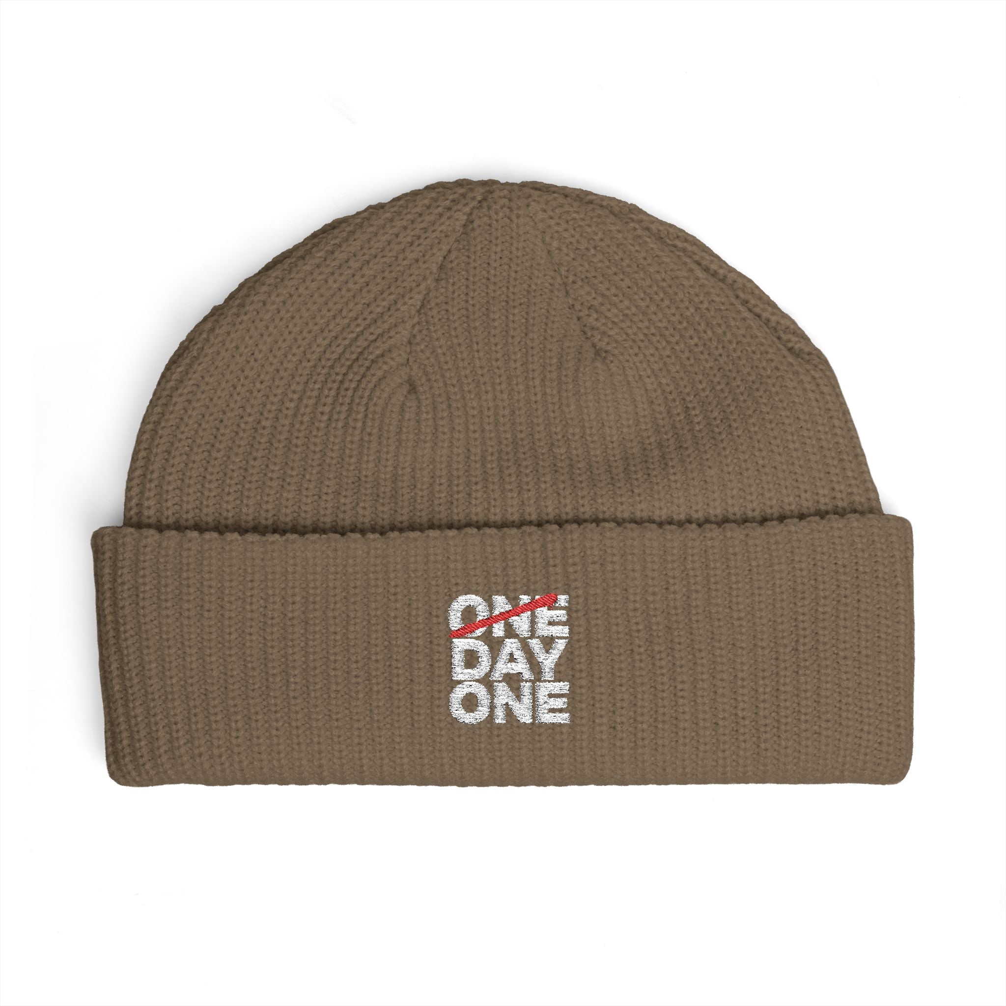 "Day One" Cuff Beanie - Embroidered Knit Hat