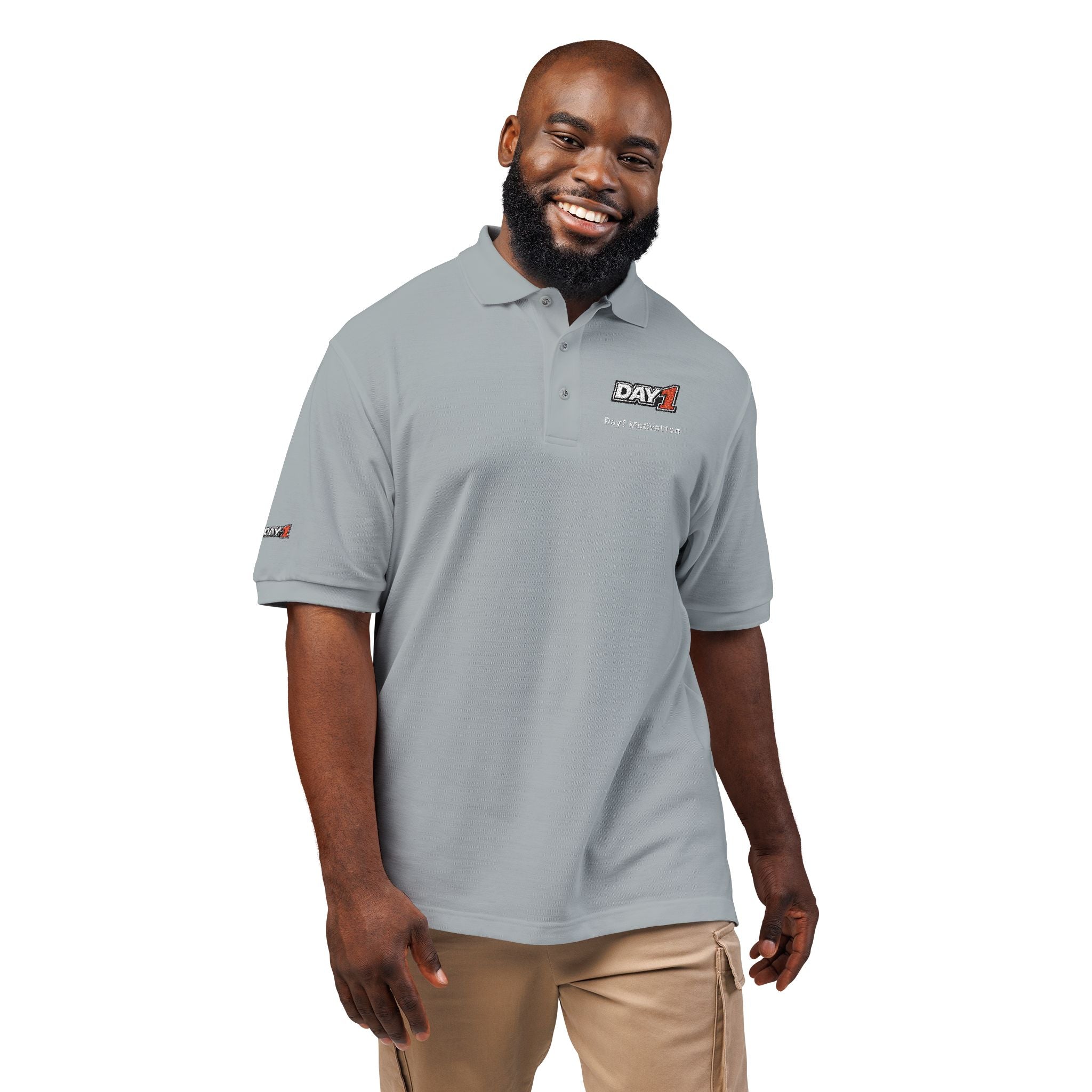 "Designed by You" — Embroidered Polo Shirt (Light text)