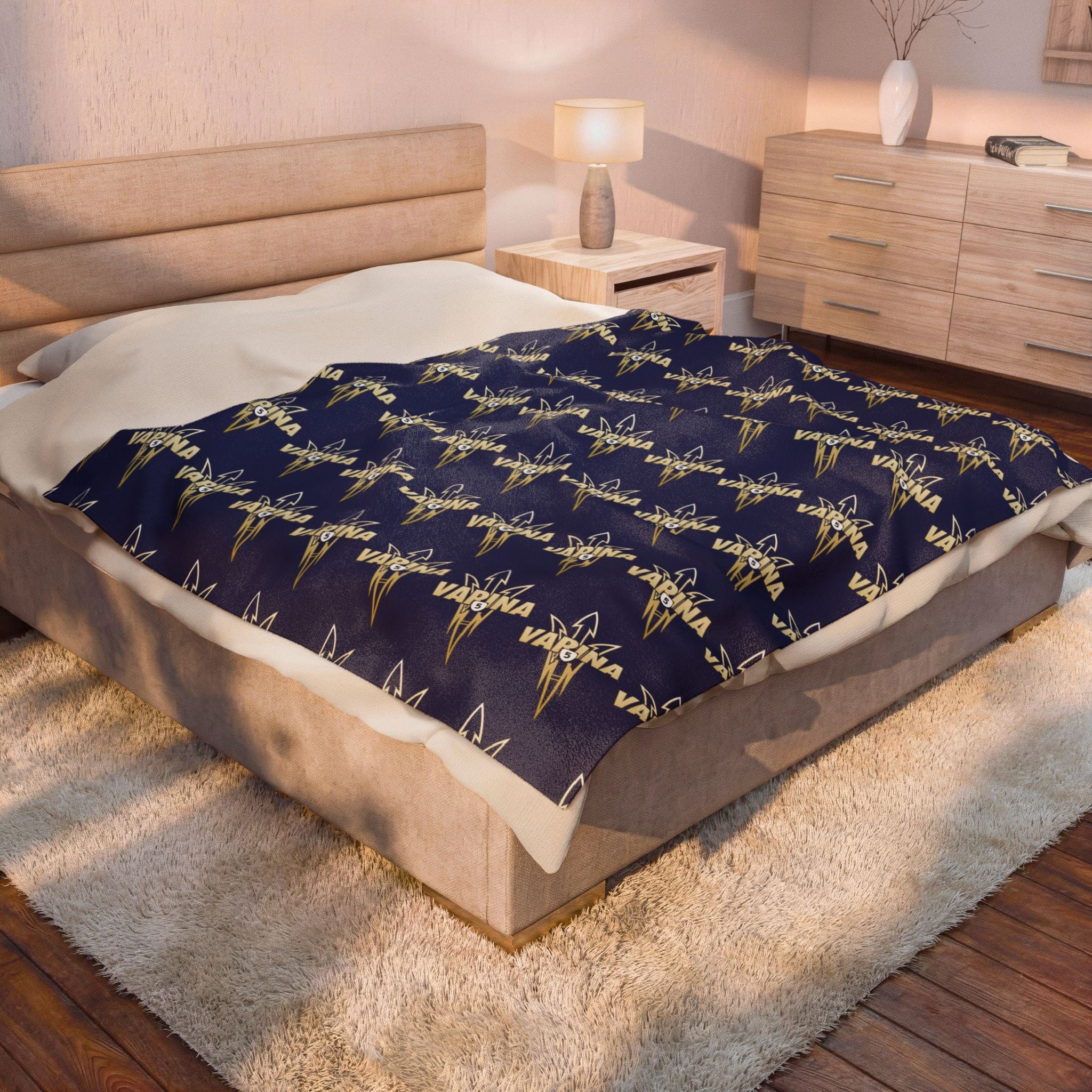 Varina Route 5 Logo Velveteen Plush Blanket – Soft Navy Throw