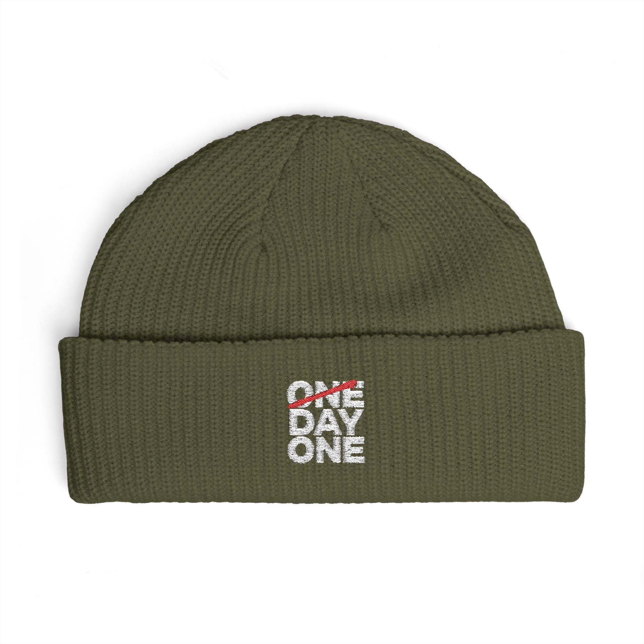 "Day One" Cuff Beanie - Embroidered Knit Hat