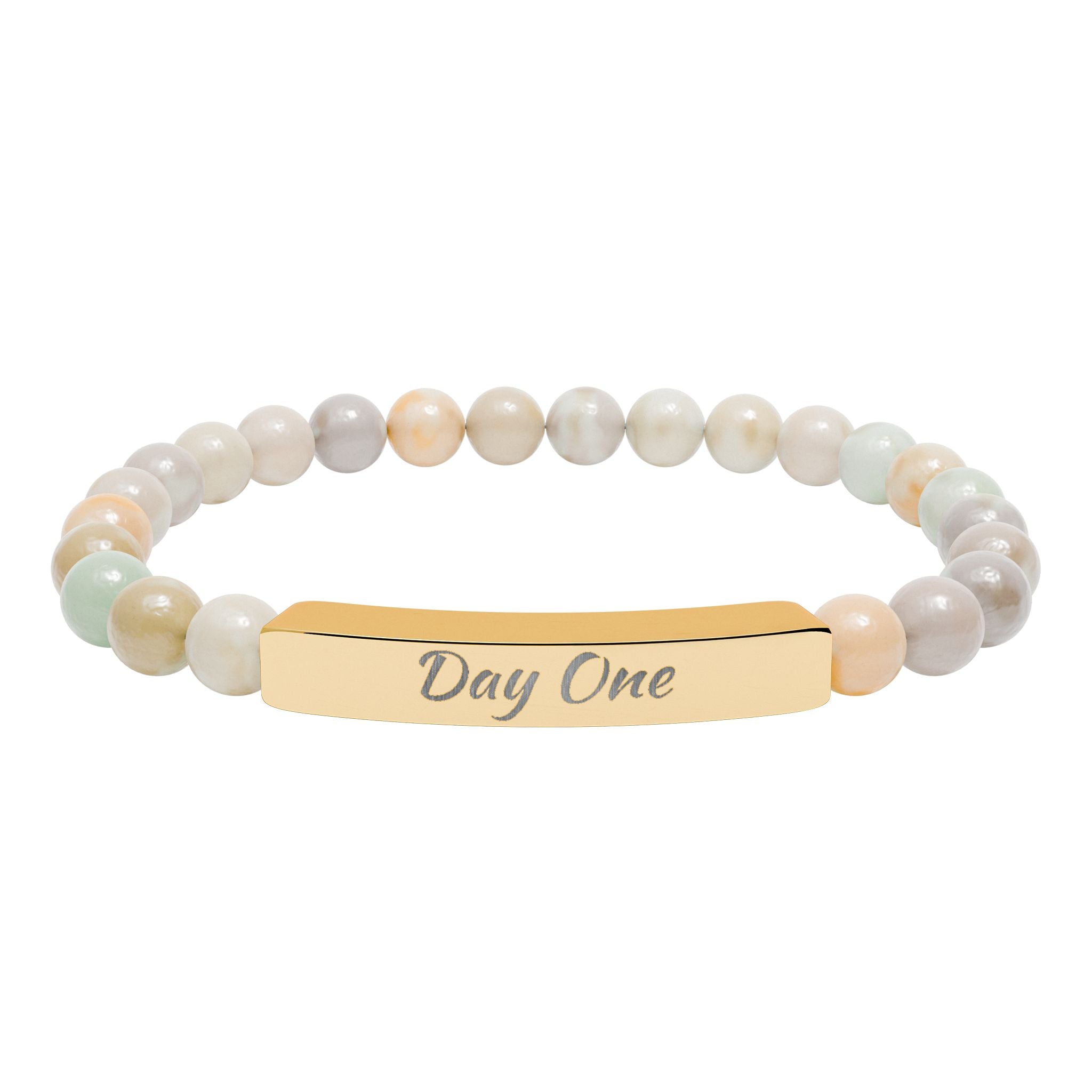 Day One Natural Stone Stretch Bar Bracelet — Engraved Reminder to Start Today