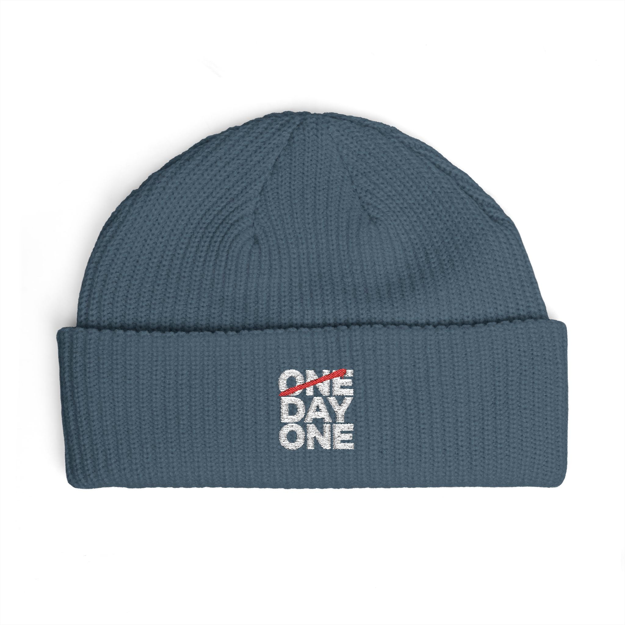 "Day One" Cuff Beanie - Embroidered Knit Hat