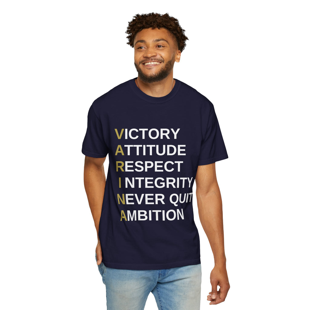 Varsity ‘VARINA’ Blue Devils T-Shirt — Victory, Attitude, Respect, Integrity, Never Quit, Ambition