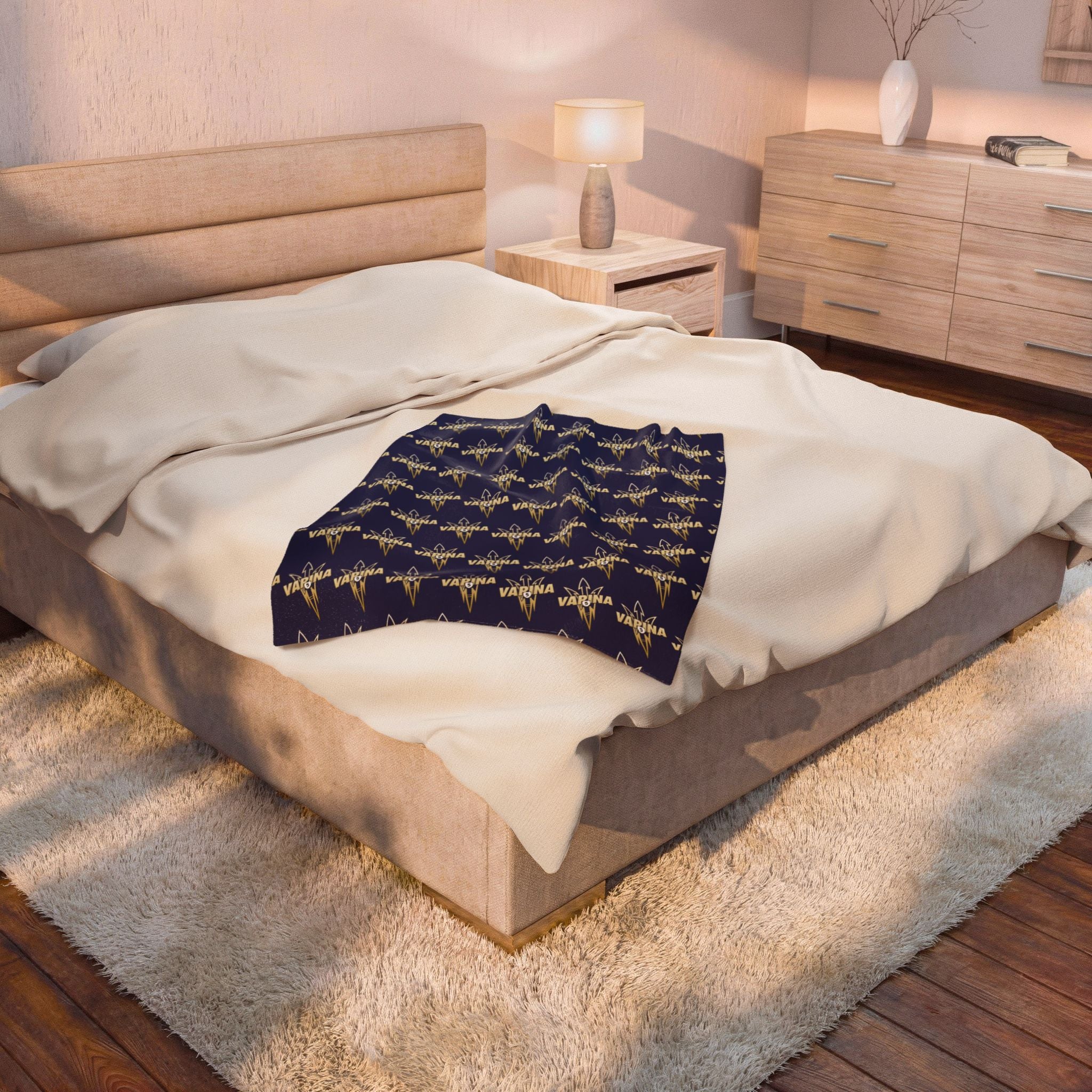Varina Route 5 Logo Velveteen Plush Blanket – Soft Navy Throw