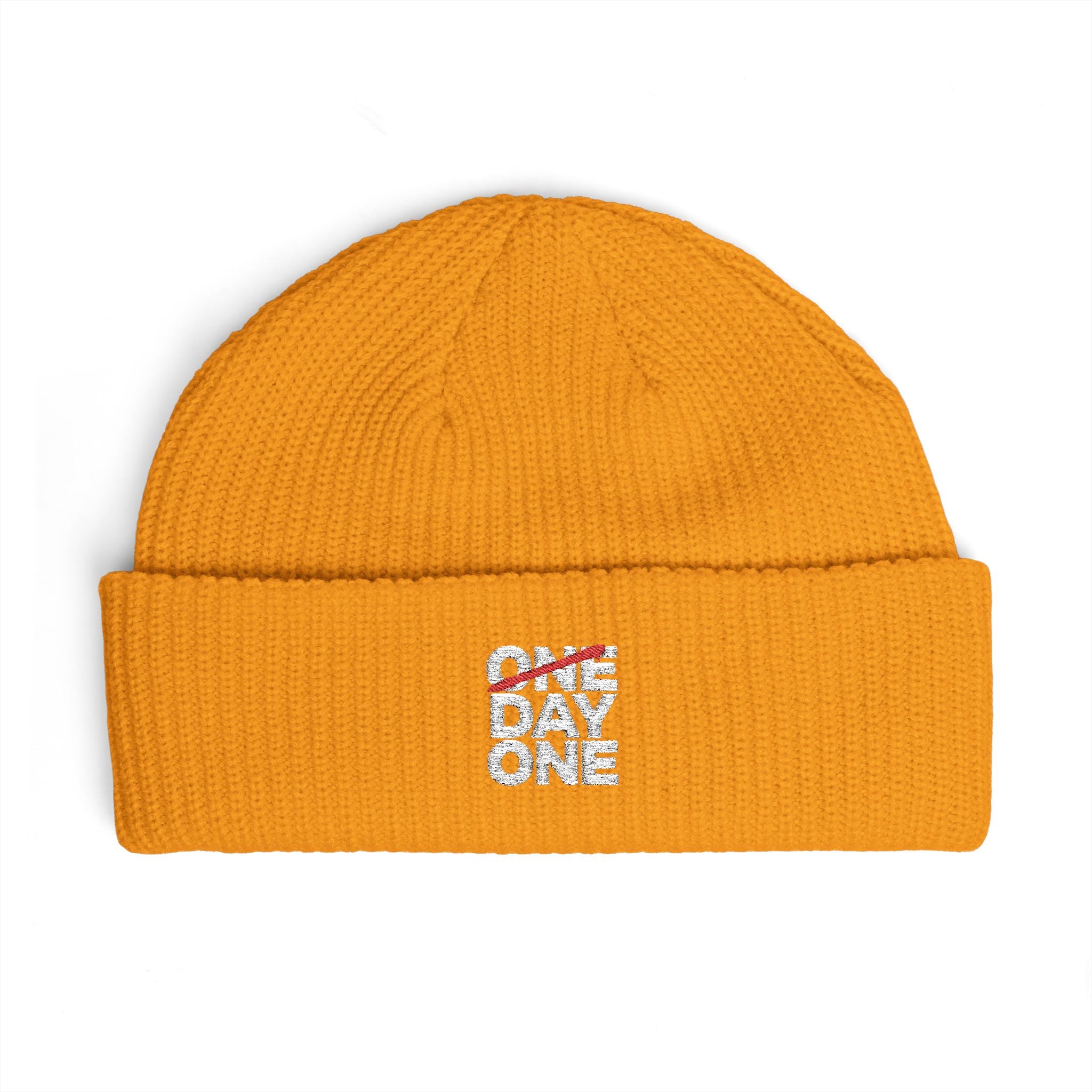 "Day One" Cuff Beanie - Embroidered Knit Hat