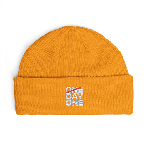 "Day One" Cuff Beanie - Embroidered Knit Hat