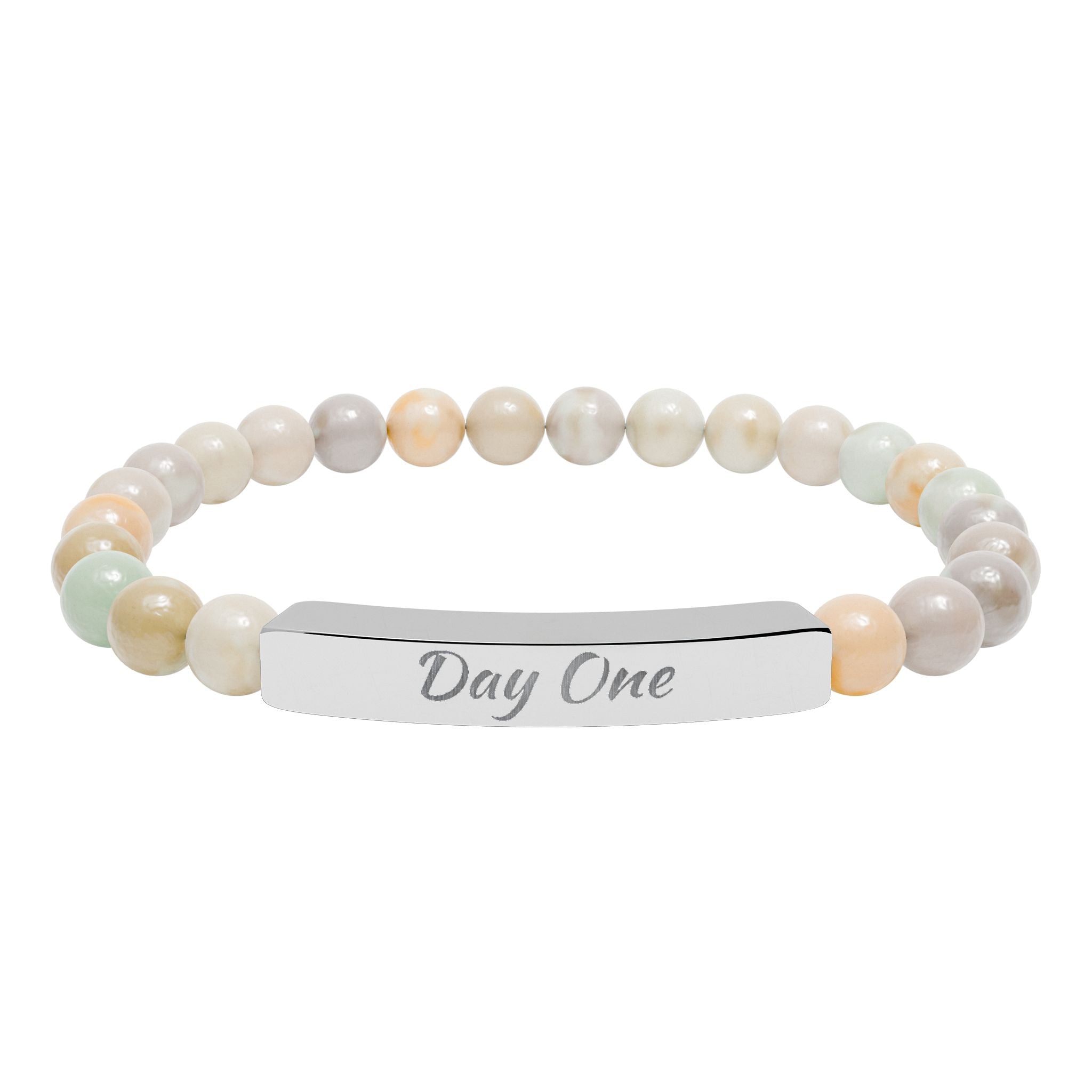 Day One Natural Stone Stretch Bar Bracelet — Engraved Reminder to Start Today