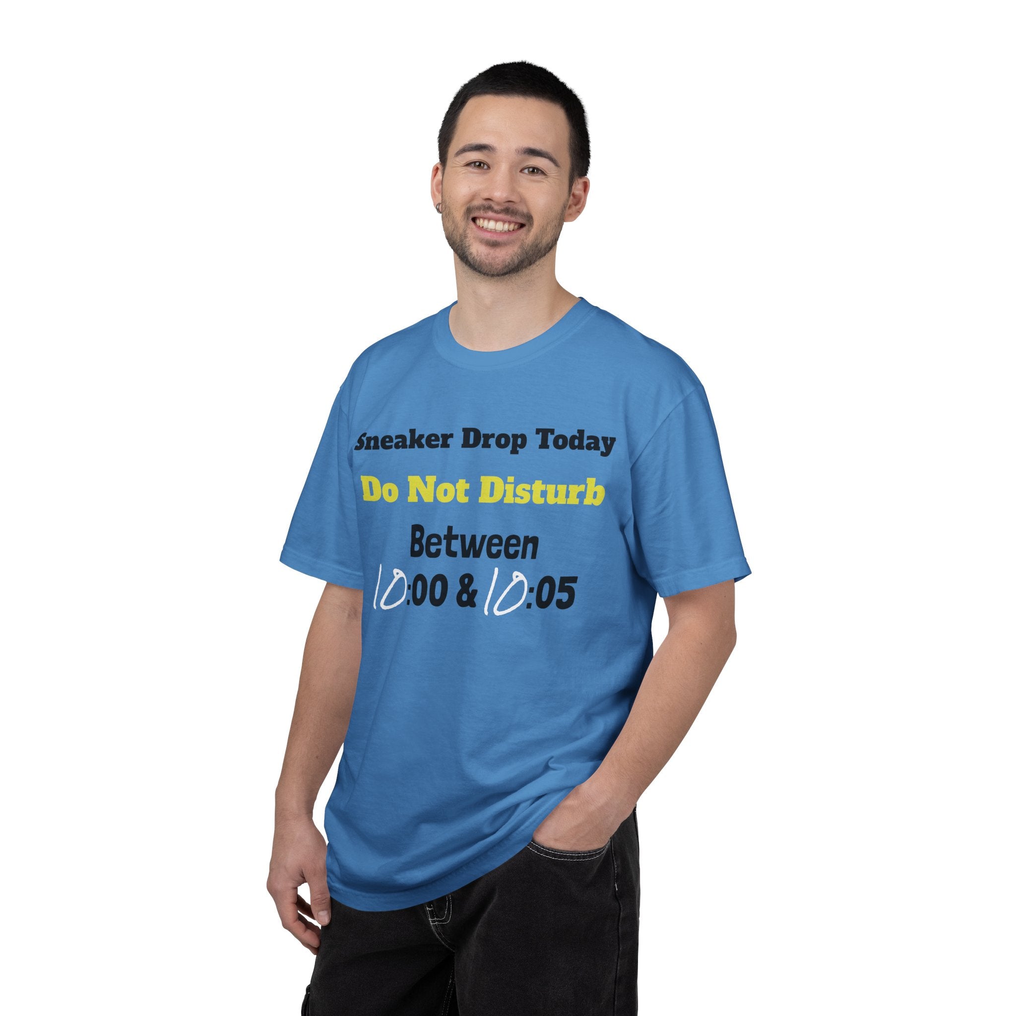 "Designed by You" Sneaker Drop Day T-Shirt — "Do Not Disturb between __:00–__ :05" (Custom Time Zone)