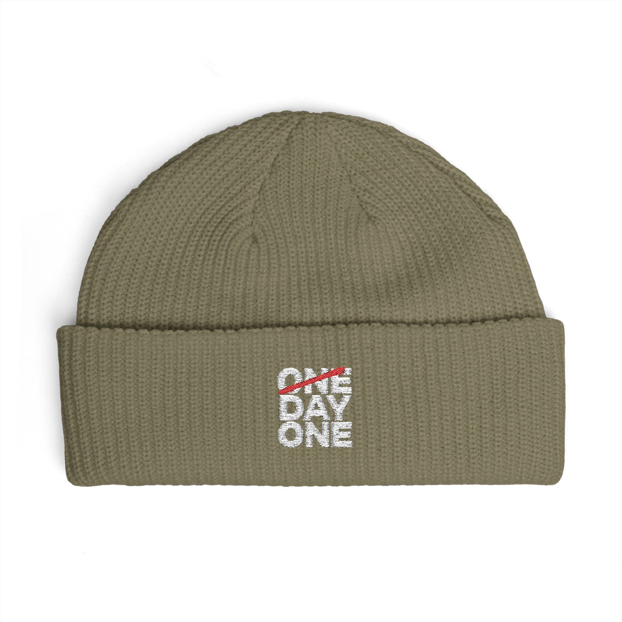 "Day One" Cuff Beanie - Embroidered Knit Hat