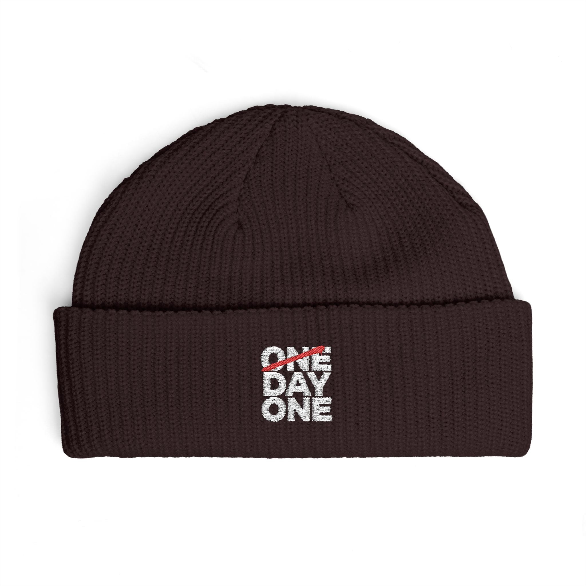"Day One" Cuff Beanie - Embroidered Knit Hat