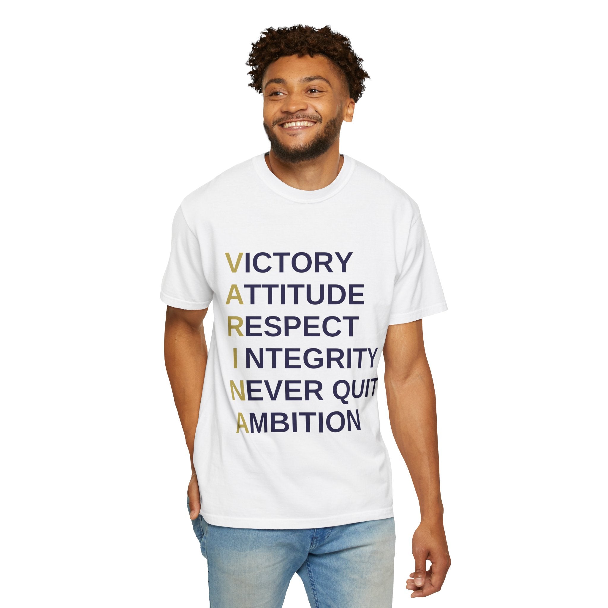 Varsity ‘VARINA’ Blue Devils T-Shirt — Victory, Attitude, Respect, Integrity, Never Quit, Ambition