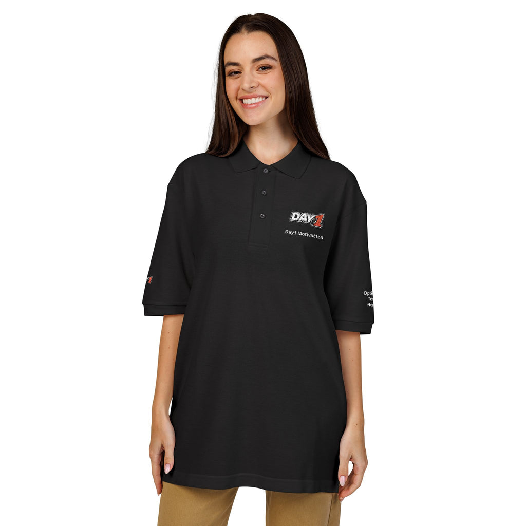 "Designed by You" — Embroidered Polo Shirt (Light text)