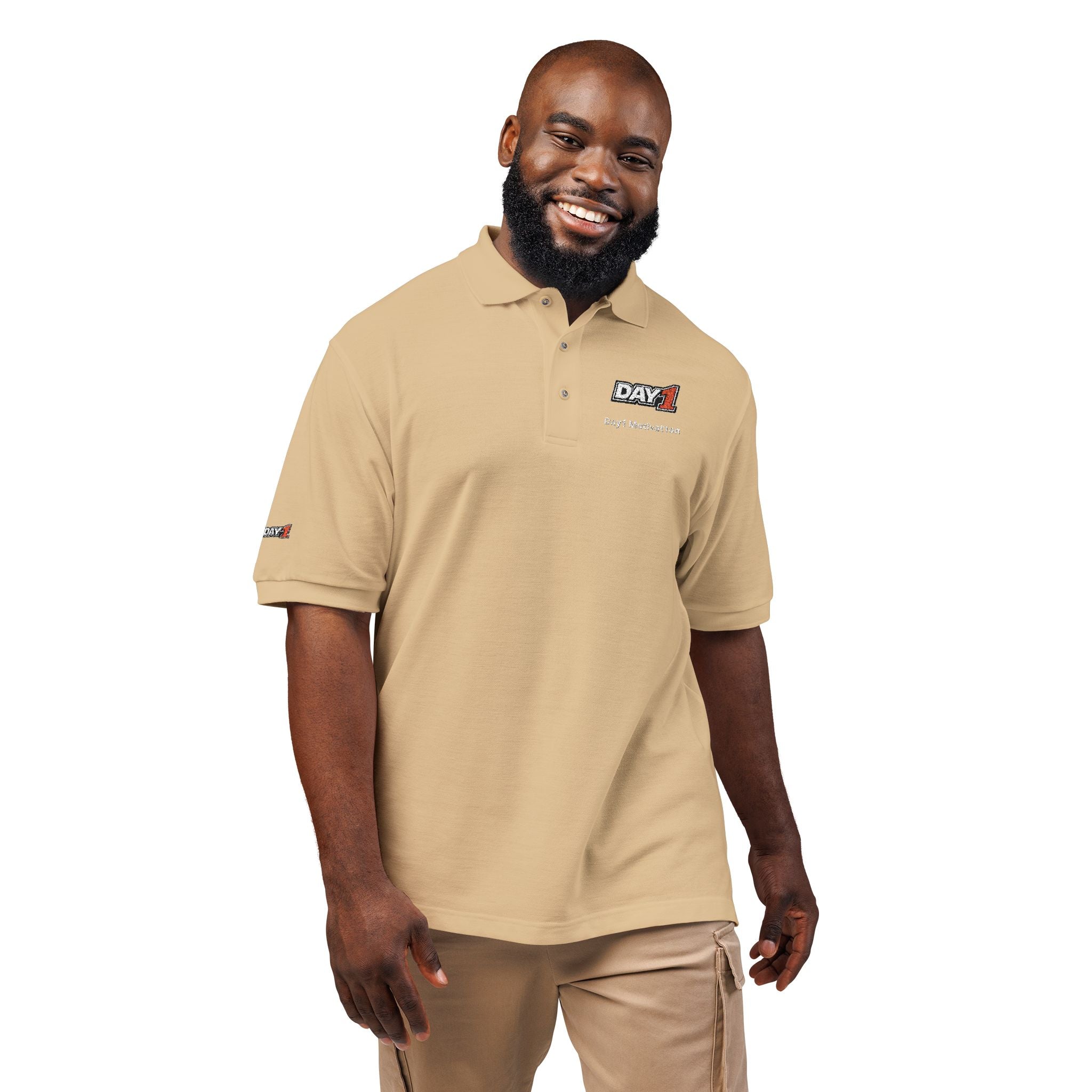 "Designed by You" — Embroidered Polo Shirt (Light text)