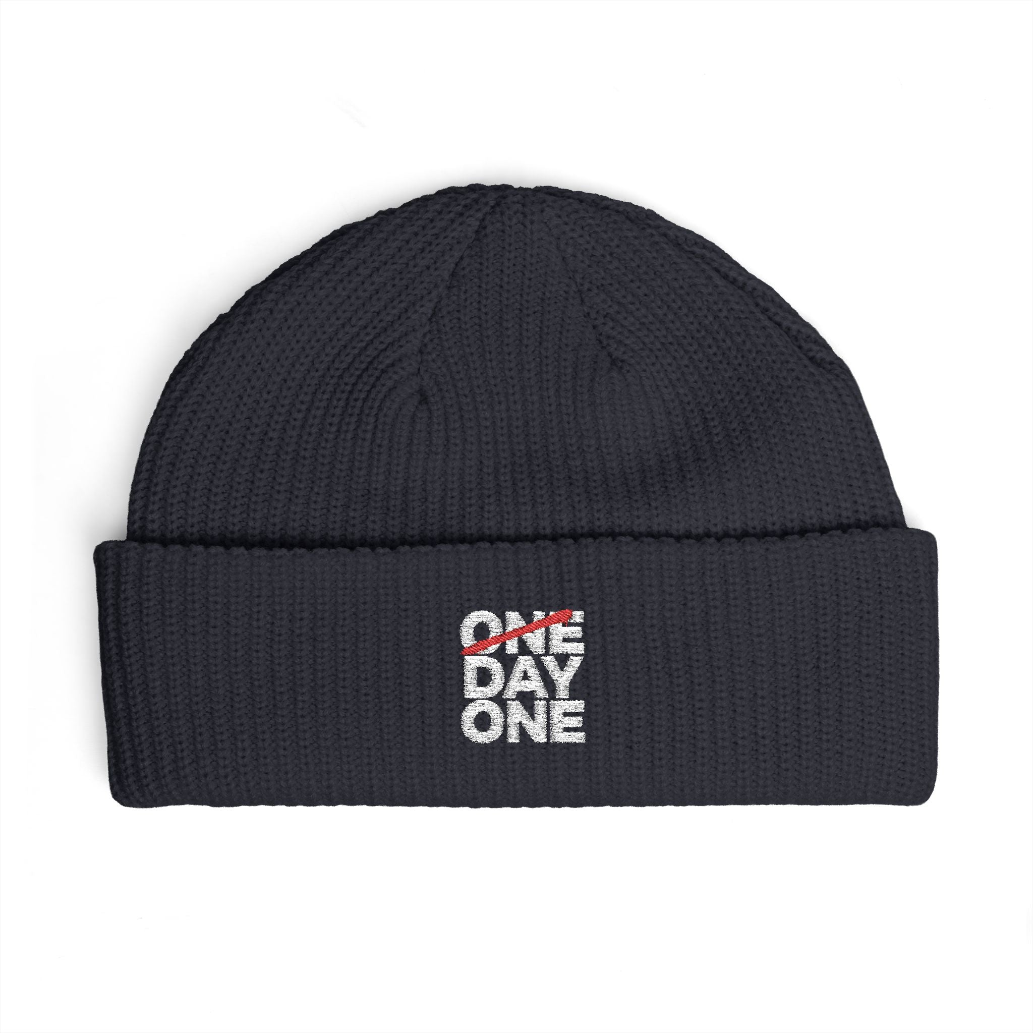 "Day One" Cuff Beanie - Embroidered Knit Hat